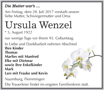 Traueranzeige von Ursula Wenzel von Mitteldeutsche Zeitung Naumburg/Nebra