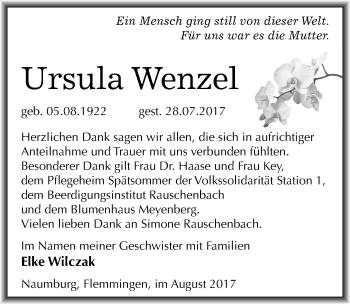 Traueranzeige von Ursula Wenzel von Mitteldeutsche Zeitung Naumburg/Nebra