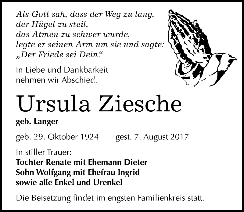  Traueranzeige für Ursula Ziesche vom 19.08.2017 aus Mitteldeutsche Zeitung Halle/Saalkreis