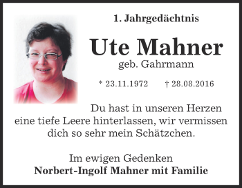 Traueranzeige von Ute Mahner von WVG - Wochenspiegel Dessau / Köthen