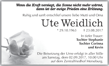 Traueranzeige von Ute Weidlich von WVG - Wochenspiegel Merseburg