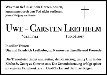 Traueranzeige von Uwe-Carsten Leefhelm von Mitteldeutsche Zeitung Halle/Saalkreis