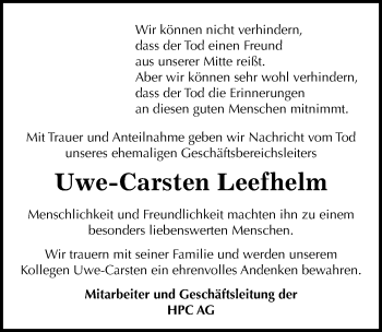 Traueranzeige von Uwe-Carsten Leefhelm von Mitteldeutsche Zeitung