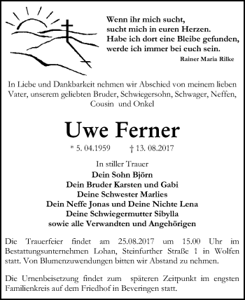 Traueranzeige von Uwe Ferner von WVG - Wochenspiegel Bitterfeld