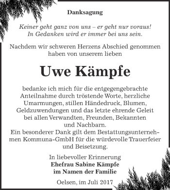 Traueranzeige von Uwe Kämpfe von Super Sonntag Zeitz
