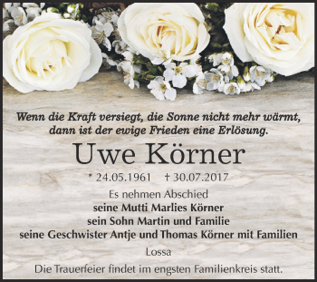 Traueranzeige von Uwe Körner von WVG - Wochenspiegel NMB / WSF / ZTZ