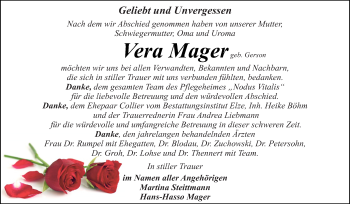 Traueranzeige von Vera Mager von WVG - Wochenspiegel Dessau / Köthen