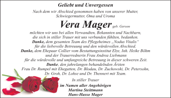 Traueranzeige von Vera Mager von Mitteldeutsche Zeitung Dessau-Roßlau