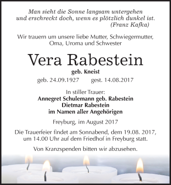 Traueranzeige von Vera Rabestein von Mitteldeutsche Zeitung Naumburg/Nebra