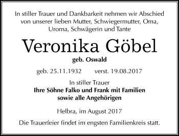 Traueranzeige von Veronika Göbel von Mitteldeutsche Zeitung Mansfelder Land