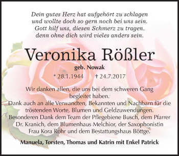 Traueranzeige von Veronika Rößler von Mitteldeutsche Zeitung Merseburg/Querfurt