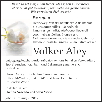 Traueranzeige von Volker Aley von WVG - Wochenspiegel Bitterfeld