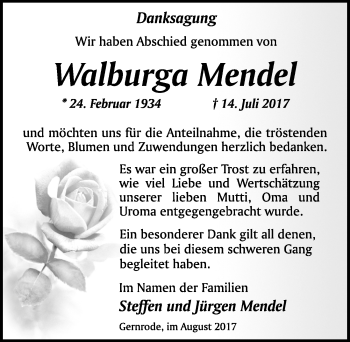Traueranzeige von Walburga Mendel von Mitteldeutsche Zeitung Quedlinburg