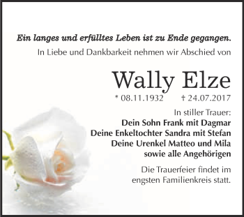 Traueranzeige von Wally Elze von WVG - Wochenspiegel Bitterfeld