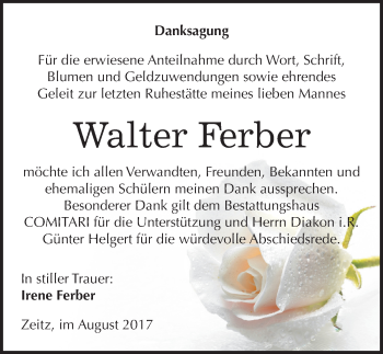 Traueranzeige von Walter Ferber von Mitteldeutsche Zeitung Zeitz
