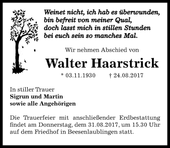 Traueranzeige von Walter Haarstrick von Mitteldeutsche Zeitung Bernburg
