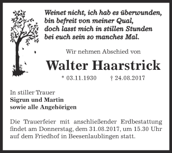 Traueranzeige von Walter Haarstrick von Super Sonntag Bernburg
