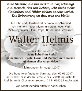 Traueranzeige von Walter Helmis von WVG - Wochenspiegel NMB / WSF / ZTZ
