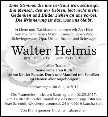 Traueranzeige von Walter Helmis von Mitteldeutsche Zeitung Merseburg/Querfurt