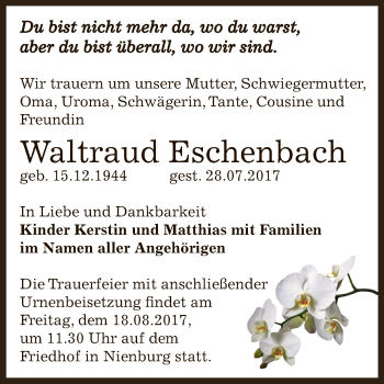 Traueranzeige von Waltraud Eschenbach von Super Sonntag Bernburg