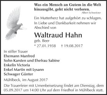 Traueranzeige von Waltraud Hahn von WVG - Wochenspiegel Bitterfeld