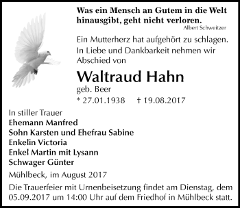 Traueranzeige von Waltraud Hahn von Mitteldeutsche Zeitung Bitterfeld