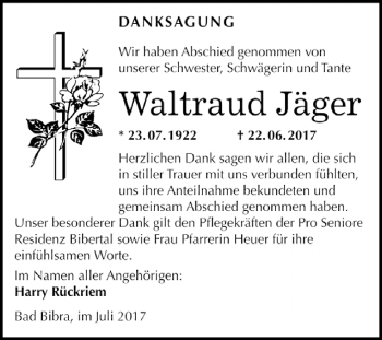 Traueranzeige von Waltraud Jäger von WVG - Wochenspiegel NMB / WSF / ZTZ