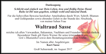 Traueranzeige von Waltraud Sasse von Super Sonntag Aschersleben