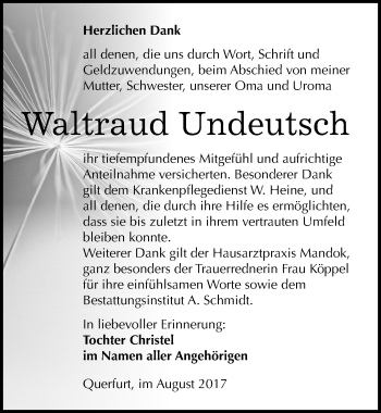 Traueranzeige von Waltraud Undeutsch von Mitteldeutsche Zeitung Merseburg/Querfurt