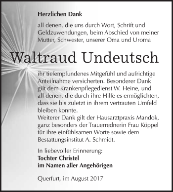 Traueranzeige von Waltraud Undeutsch von WVG - Wochenspiegel Merseburg