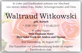 Traueranzeige von Waltraud Witkowski von Mitteldeutsche Zeitung Merseburg/Querfurt