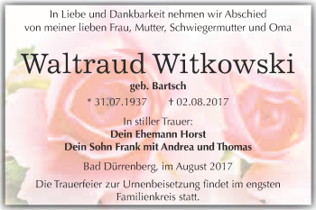 Traueranzeige von Waltraud Witkowski von Super Sonntag Merseburg