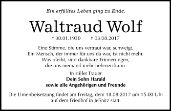 Traueranzeige von Waltraud Wolf von Mitteldeutsche Zeitung Bitterfeld