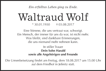 Traueranzeige von Waltraud Wolf von WVG - Wochenspiegel Bitterfeld
