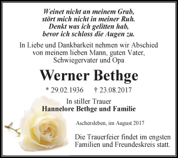 Traueranzeige von Werner Bethge von Super Sonntag Aschersleben