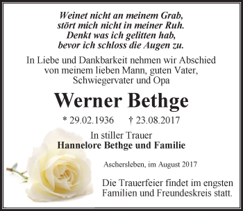 Traueranzeige von Werner Bethge von Mitteldeutsche Zeitung Aschersleben