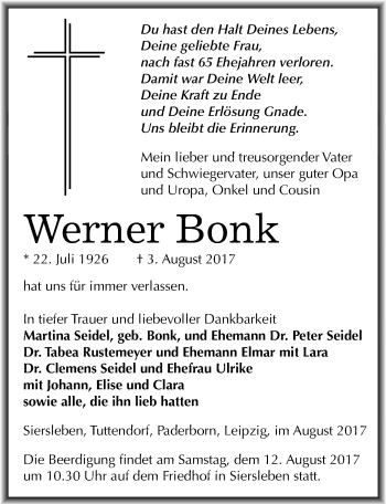 Traueranzeige von Werner Bonk von Mitteldeutsche Zeitung Mansfelder Land