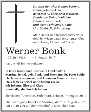 Traueranzeige von Werner Bonk von Wochenspiegel Mansfelder Land