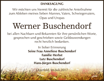 Traueranzeige von Werner Buschendorf von Super Sonntag Zeitz