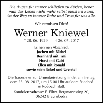 Traueranzeige von Werner Kniewel von WVG - Wochenspiegel Merseburg