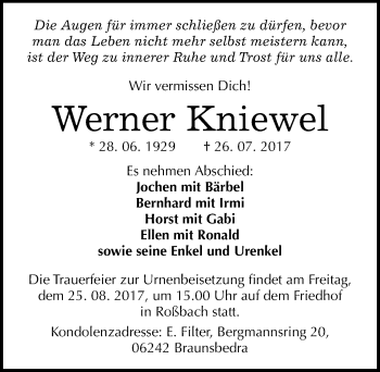 Traueranzeige von Werner Kniewel von Mitteldeutsche Zeitung Merseburg/Querfurt
