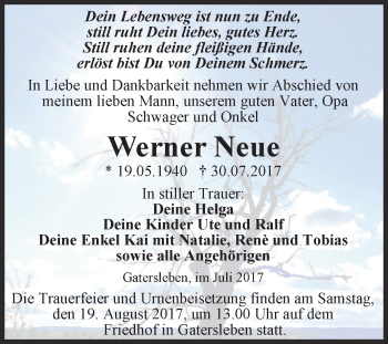 Traueranzeige von Werner Neue von Super Sonntag Aschersleben