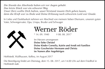 Traueranzeige von Werner Röder von Super Sonntag SGH Mansf. Land