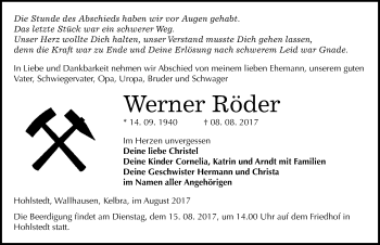 Traueranzeige von Werner Röder von Mitteldeutsche Zeitung Sangerhausen