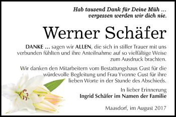 Traueranzeige von Werner Schäfer von WVG - Wochenspiegel Dessau / Köthen