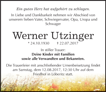 Traueranzeige von Werner Utzinger von Mitteldeutsche Zeitung Bitterfeld