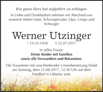 Traueranzeige von Werner Utzinger von WVG - Wochenspiegel Bitterfeld