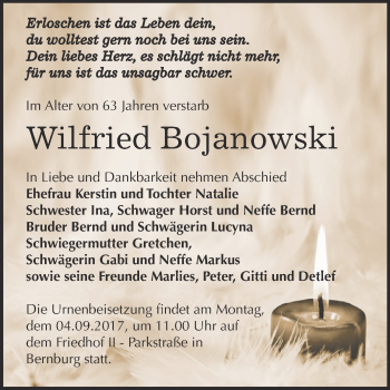 Traueranzeige von Wilfried Bojanowski von Super Sonntag Bernburg