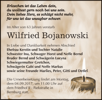 Traueranzeige von Wilfried Bojanowski von Mitteldeutsche Zeitung Bernburg