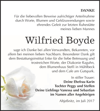 Traueranzeige von Wilfried Boyde von WVG - Wochenspiegel Bitterfeld